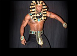 Male stripper dressed as a pharoah on stage for a birthday party.